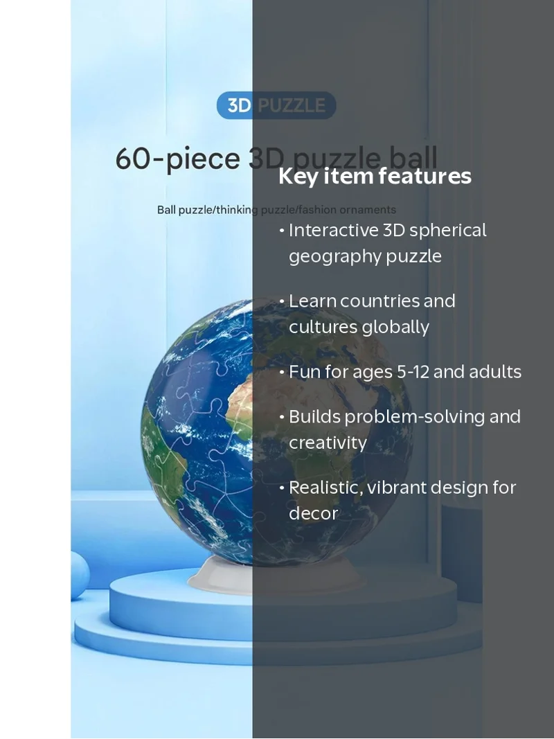 3D Puzzle World Globe, Interactive Learning Aid, Beige, 60pcs