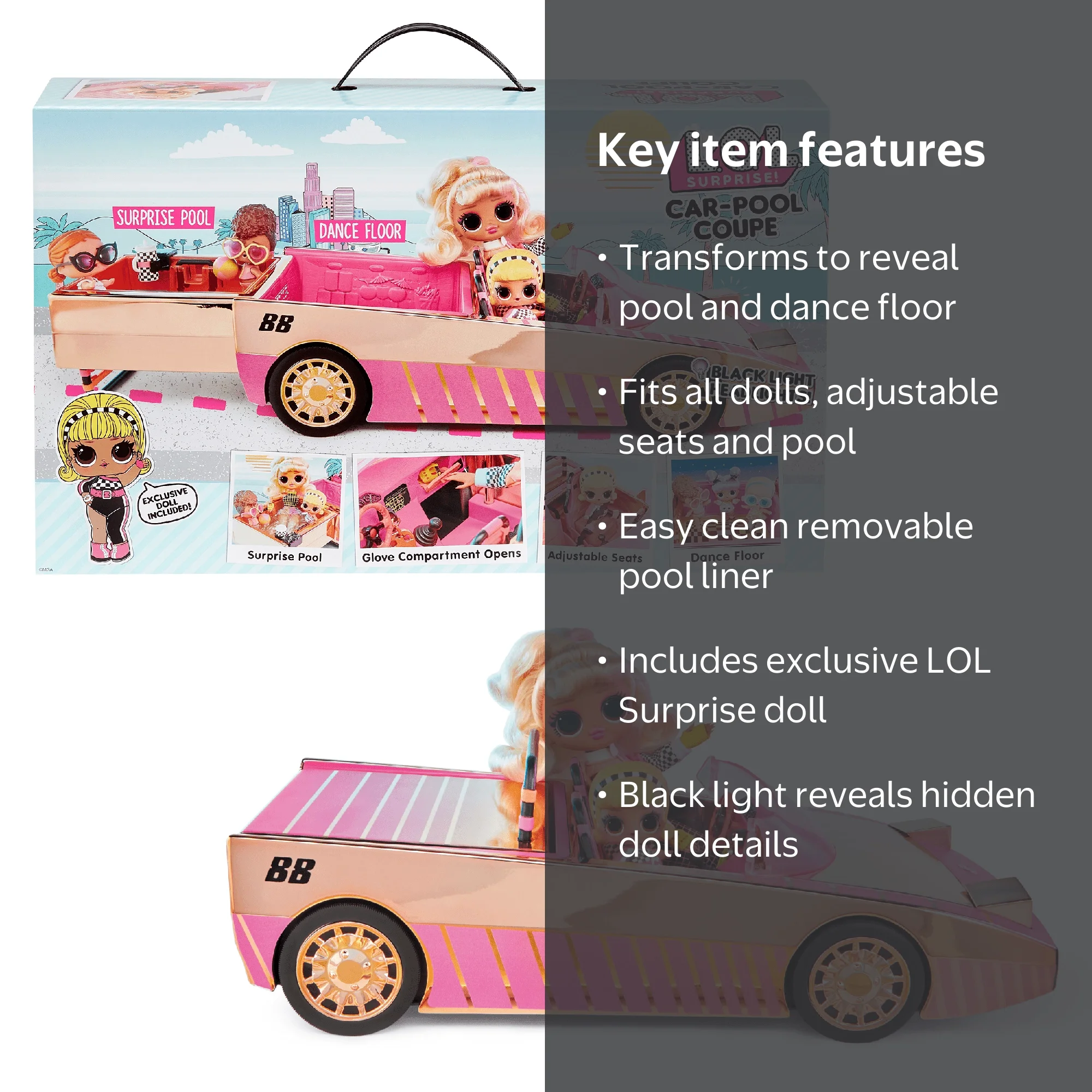 L.O.L. Surprise, Lights Car-Pool Coupe - avec 1 Poupée exclusive 8cm, lumière Noire, coffre Transformable, Poupée phosphorescente, Accessoires, Piles non incluses, Jouet pour Enfants dès 3 Ans, LLUB7