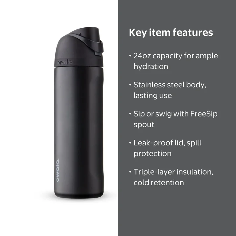 Owala FreeSip 24 oz Leakproof Metal Travel Water Bottle, Black