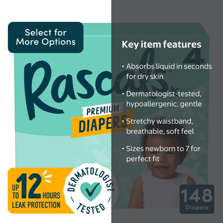 Rascals Premium Absorbent Baby Diapers Size 4, 148 Count - Walmart.com