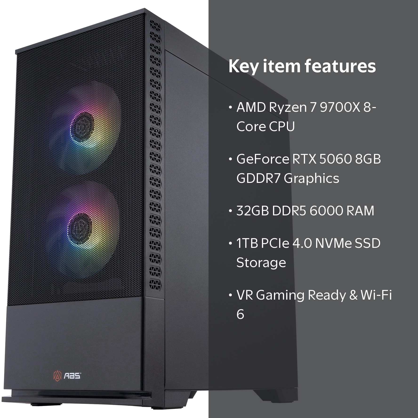 ABS Cyclone Ruby Gaming PC, Ryzen 7 9700X, GeForce RTX 5060, 32GB
