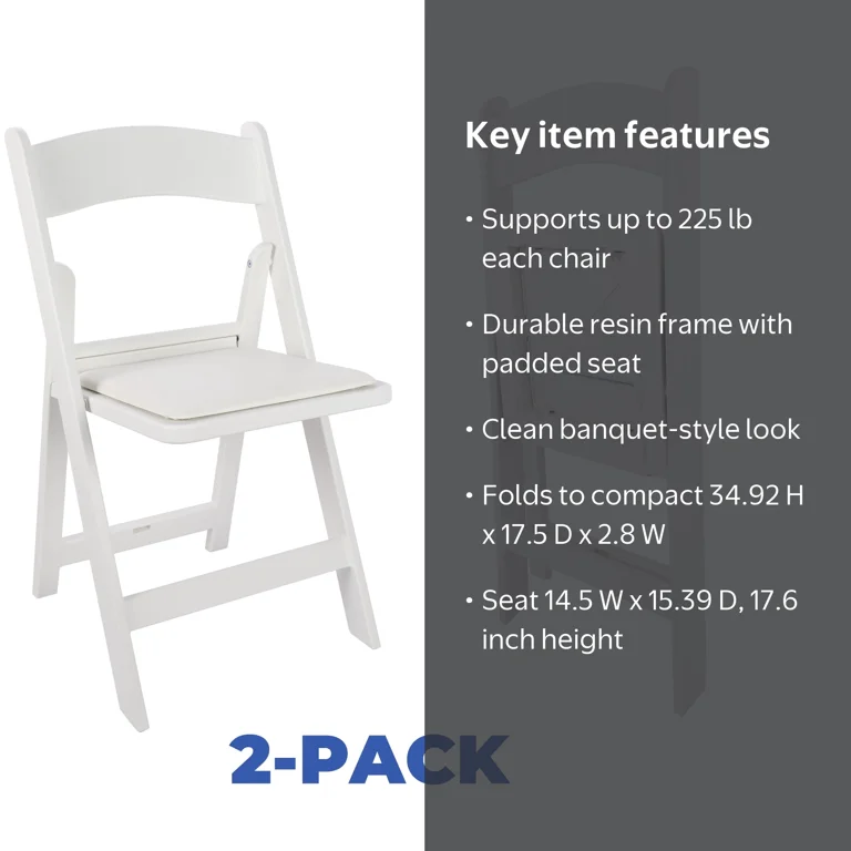 Mainstays Banquet Padded Resin Folding Chair, White, Set of 2