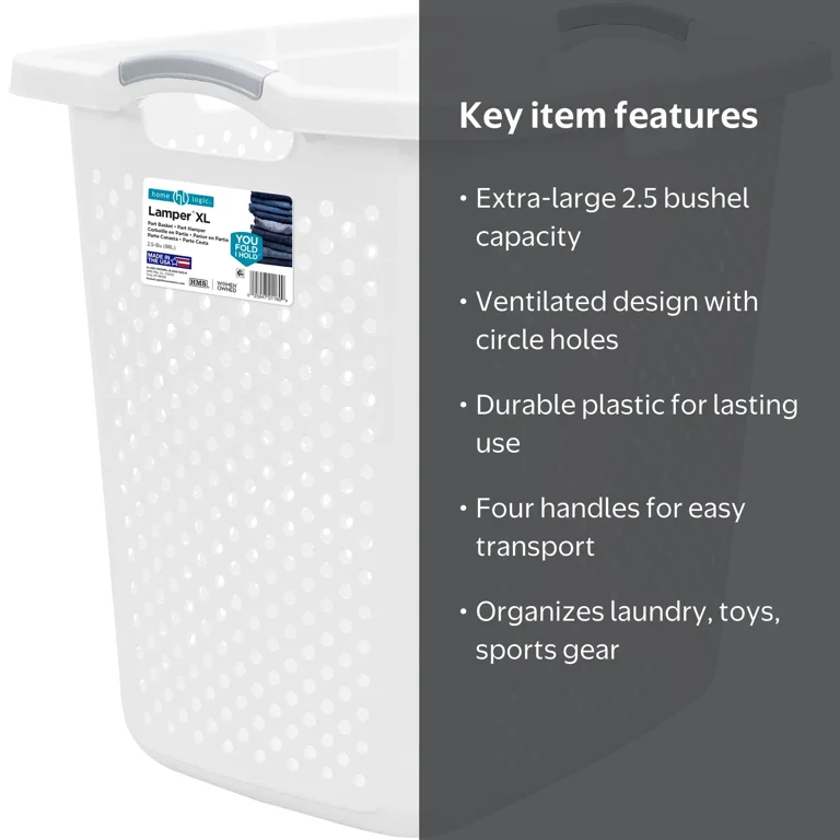 Home Logic Durable Plastic Laundry Hamper, White 2.5 Bushel
