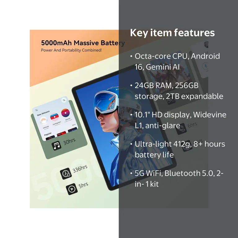 KINGRID Android 10.1 Tablet, 24GB RAM+256GB ROM+2TB, Keyboard