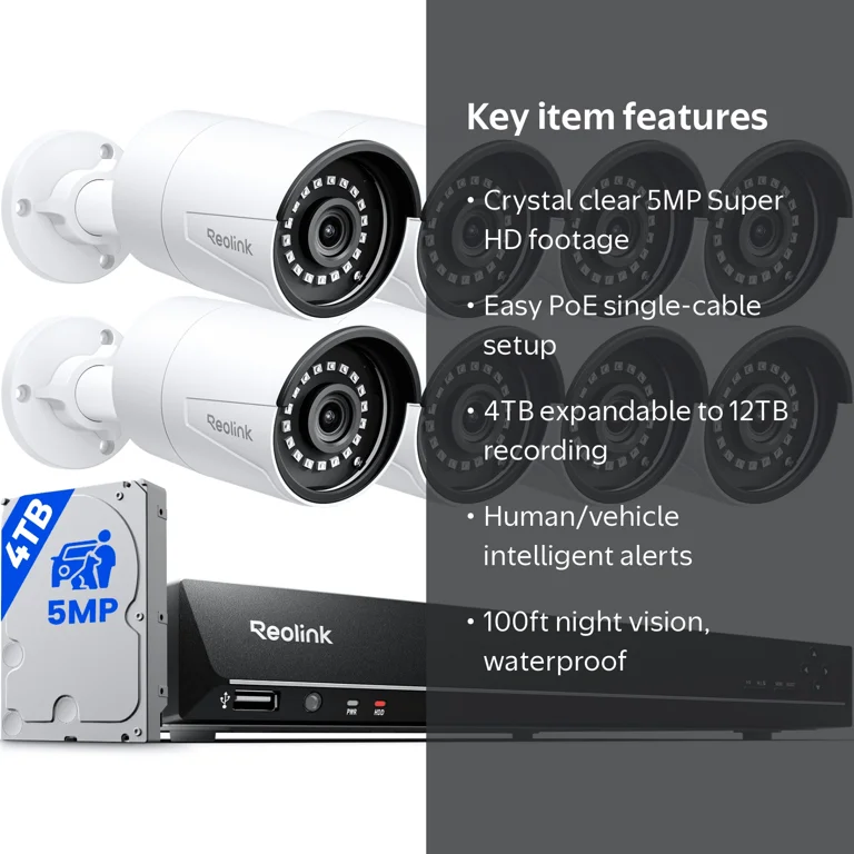 Reolink, 16CH PoE NVR System, 4TB, 8pcs 5MP Outdoor IP Camera