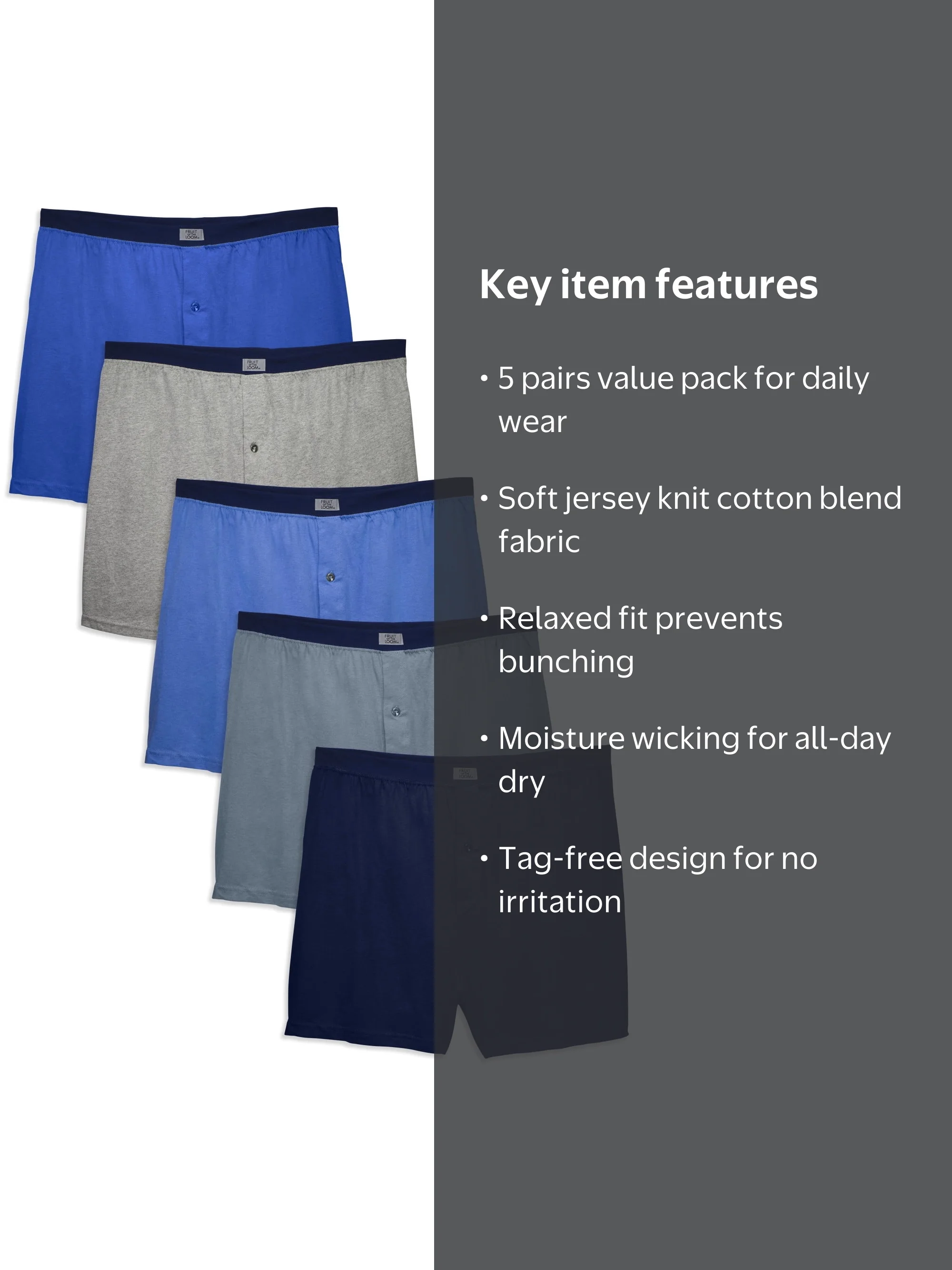 Fruit of the Loom, Knit Boxers, Assorted 5 Pack, Soft Jersey