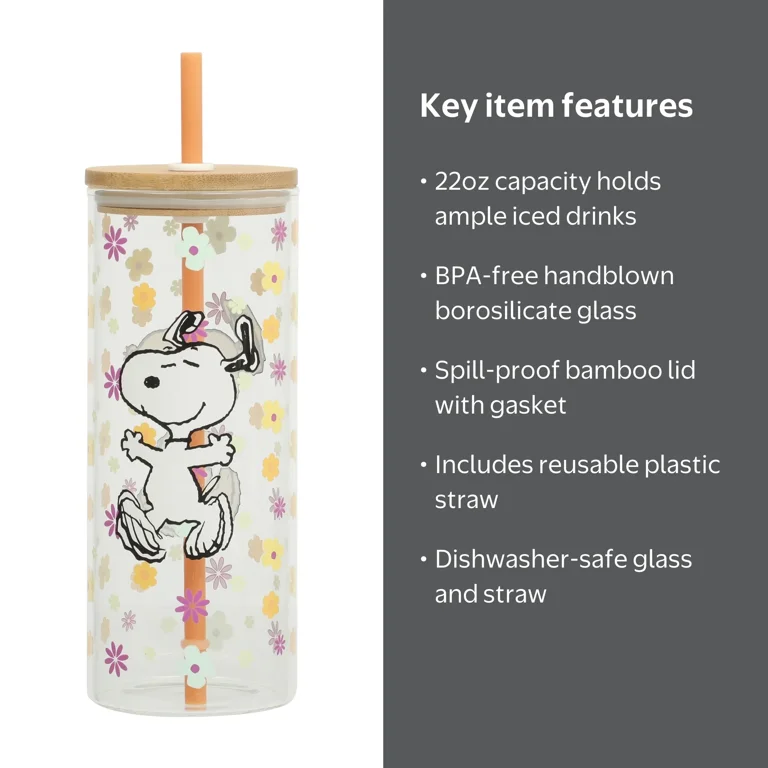 Peanuts Snoopy 22oz Glass Sipper Floral Cup - Walmart.com