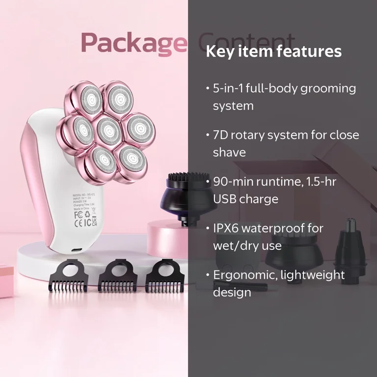 Skdwakiz, 7D Electric Razor, Waterproof, Rechargeable Pink