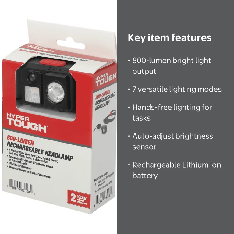 Hyper Tough 800-Lumen Rechargeable Headlamp, Model VN-7205