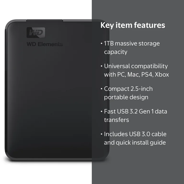 WD 1TB Elements Portable External HD - Fast Transfer, Compact
