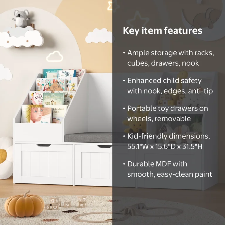 Homfa Kids Bookshelf with Reading Nook, 3 Movable Drawers, 2 Cube