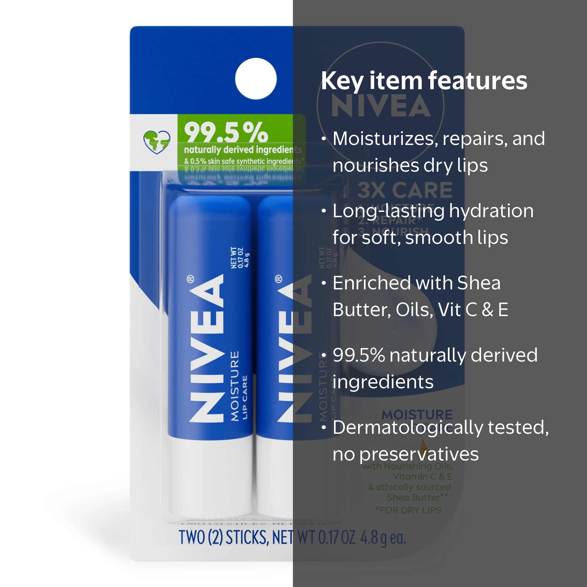 NIVEA Moisture Lip Care, Hydrating Lip Balm with Shea Butter, Vitamin C & E, 0.17 oz, 2 Pack