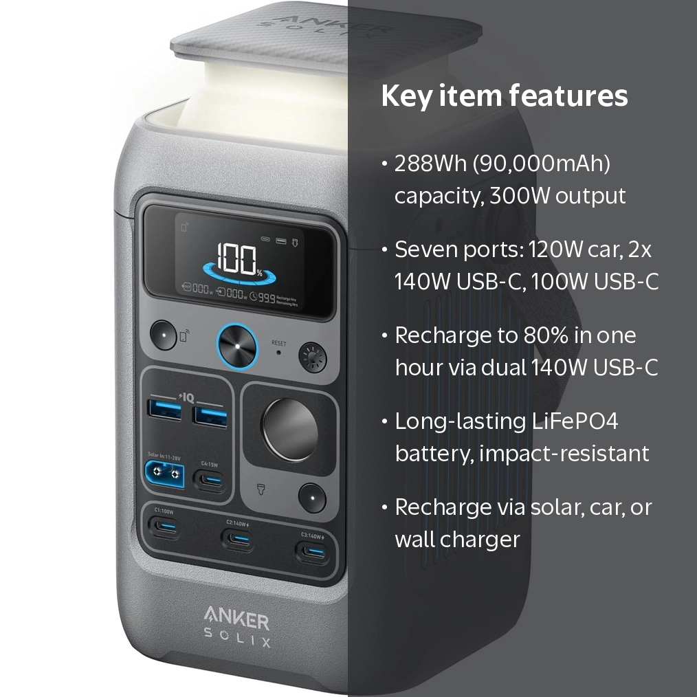 Anker SOLIX C300 DC Power Bank Station 288Wh 90000mAh 300W Solar