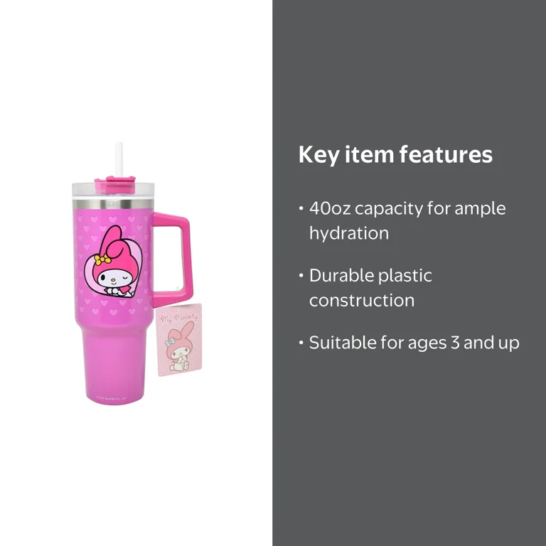 Hello Kitty My Melody 40oz Plastic Travel Tumbler, Suitable for