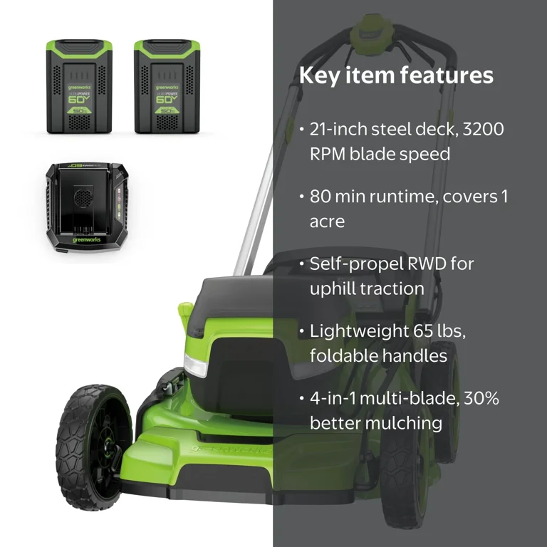 Greenworks 60V 21” Self-Propelled Lawn Mower with (2) 5.0 Ah