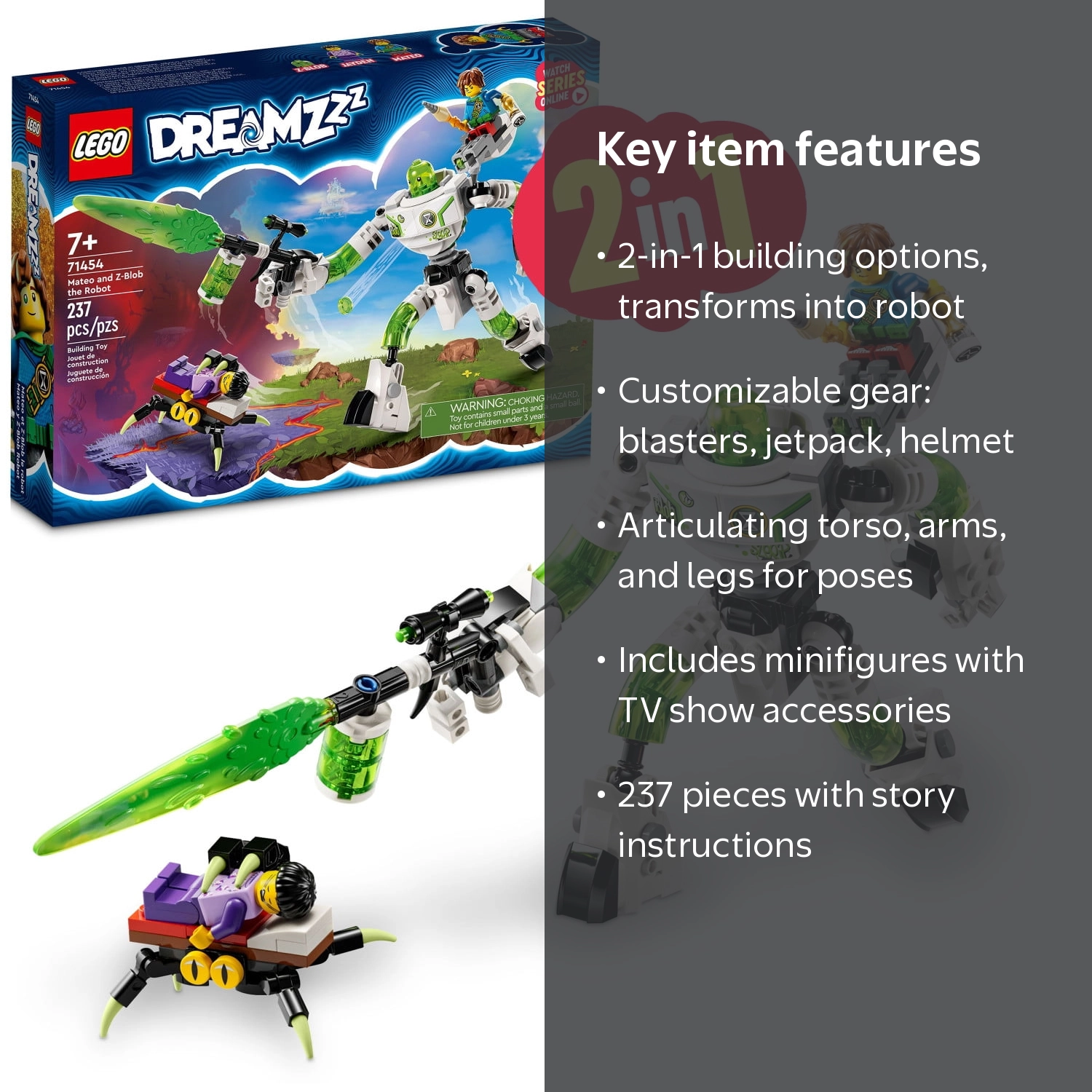 LEGO DREAMZzz Mateo and Z-Blob Robot Building Toy Set, 2 in 1