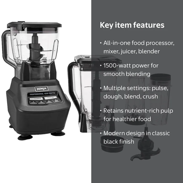 Ninja, 1500 W Blender, Steel, 9.50 x 8.20 x 17.75 in, Black Ninja, 1500 W Blender, Steel, 9.50 x 8.20 x 17.75 in, Black