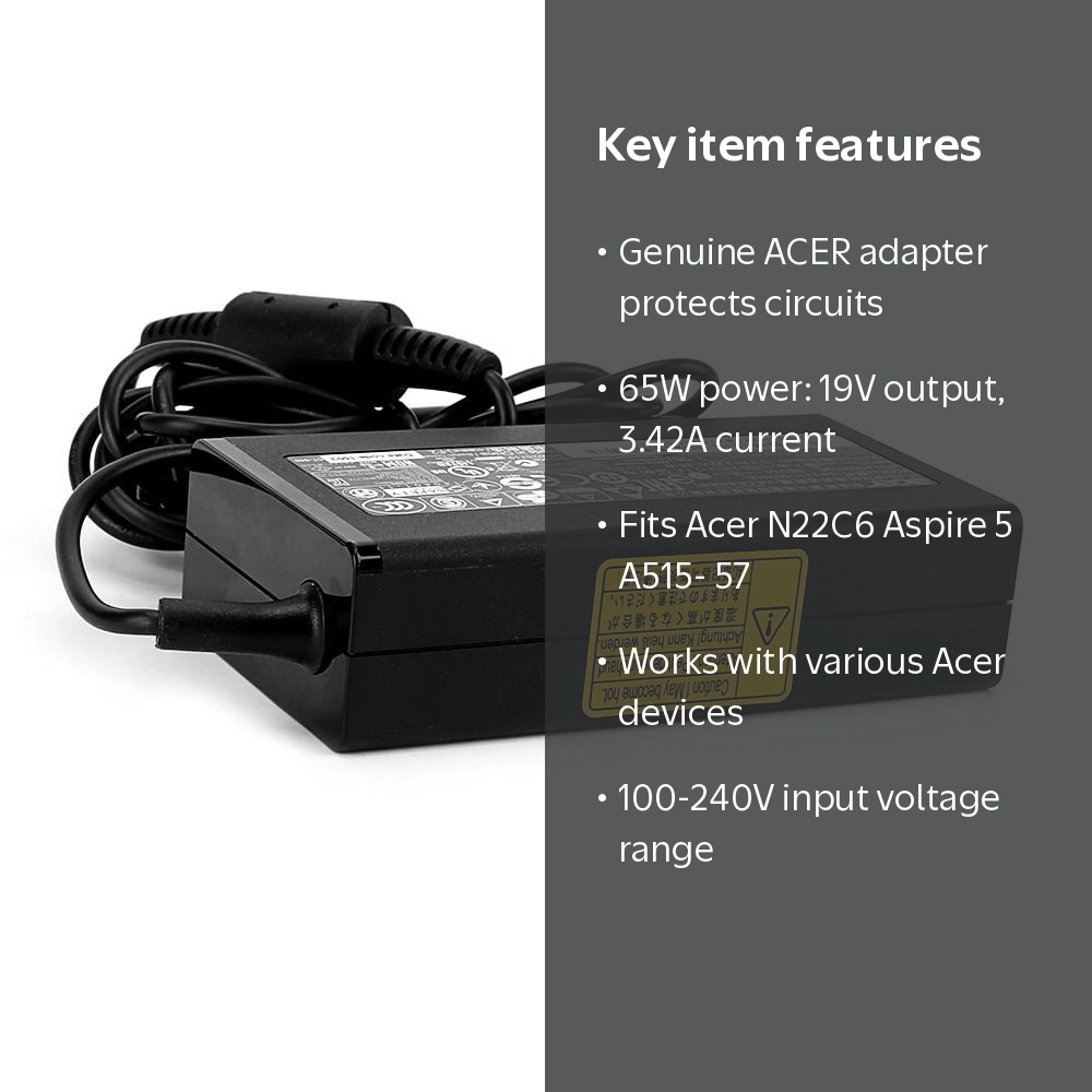 Acer, Aspire 5 A515-57, 19V 3.42A 65W Power Adapter, Black