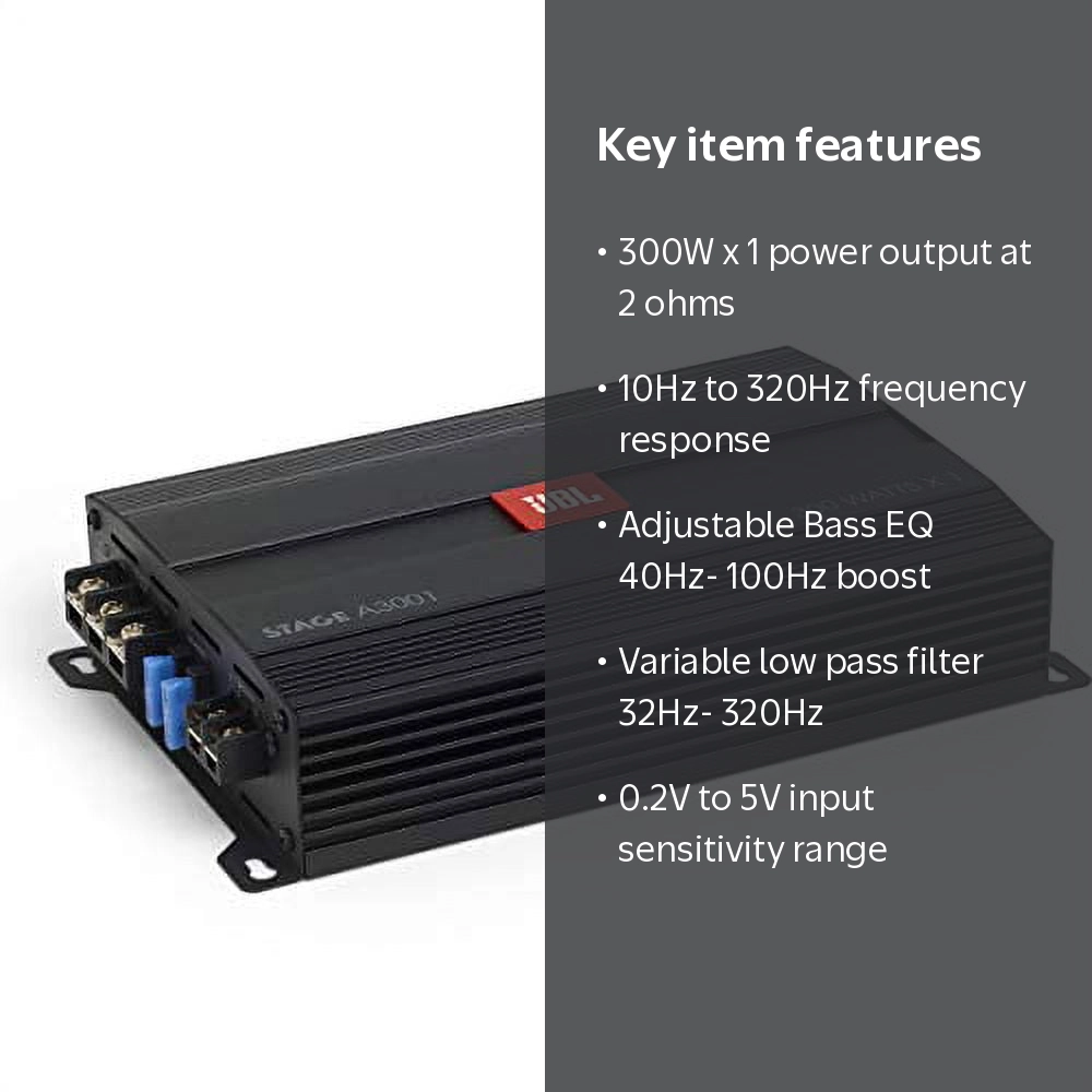 JBL, JBL Stage A3001 Mono Amplifier, 250W, Black for Car Audio