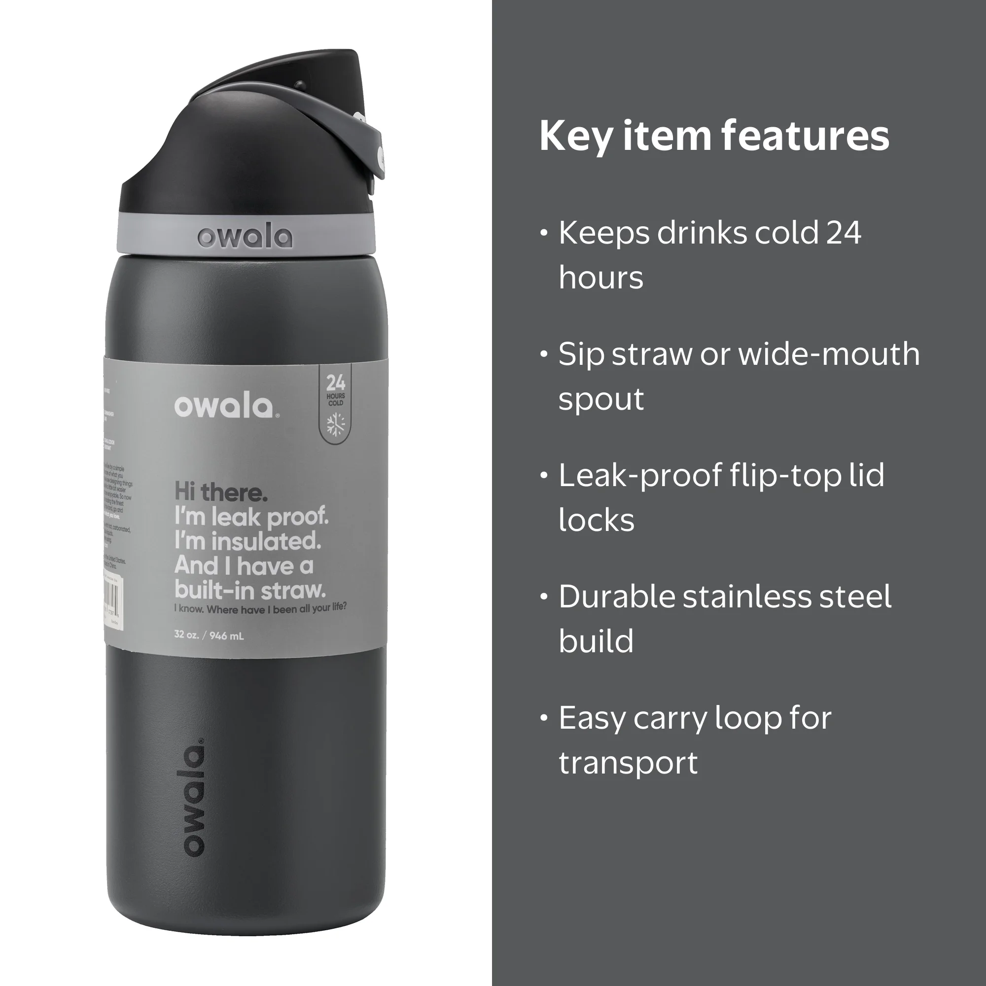Owala FreeSip Stainless Steel Water Bottle, 32oz, Black - Walmart