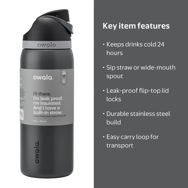 Owala FreeSip Stainless Steel Water Bottle, 32oz, Black - Walmart.com