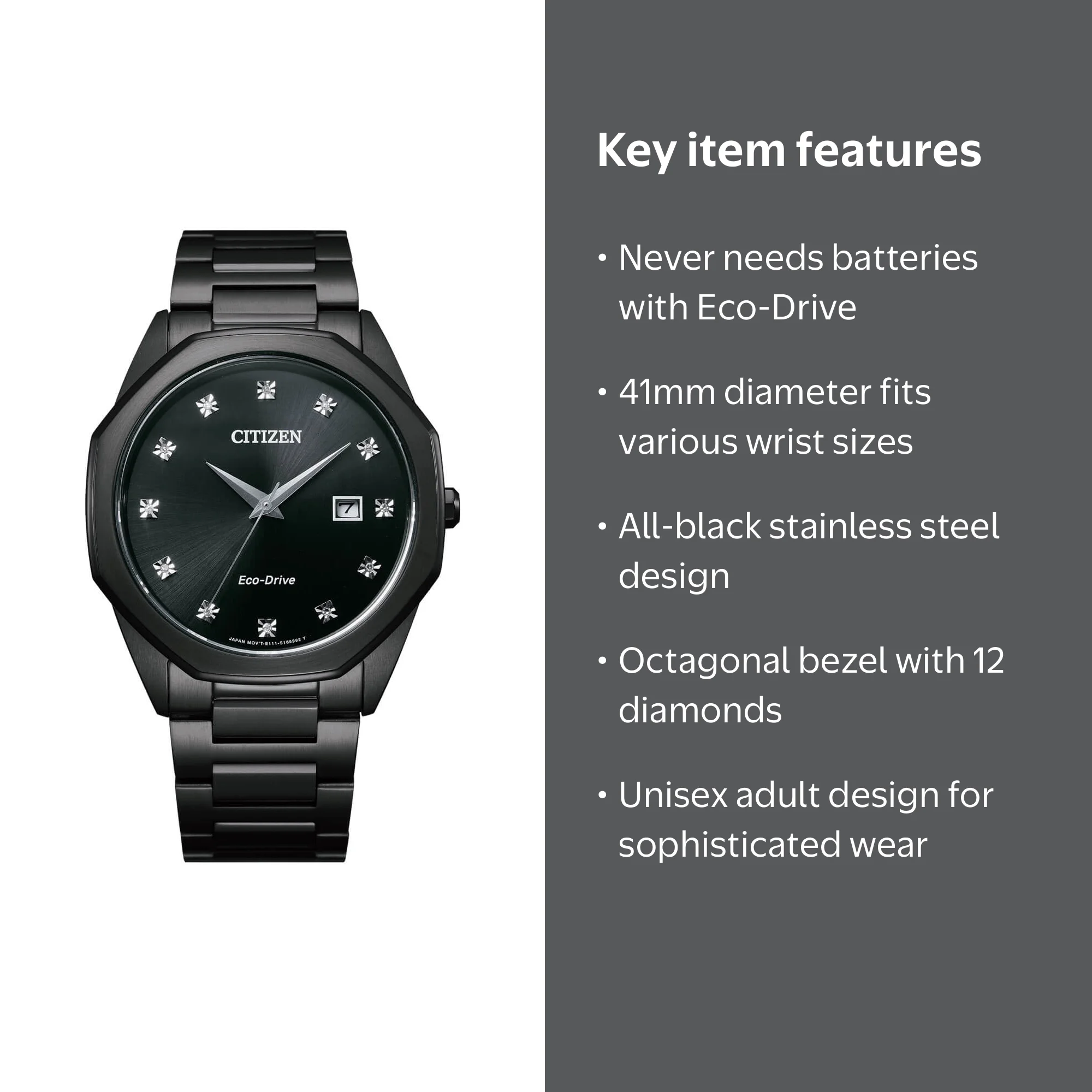 Citizen Eco-Drive Octagon Diamond Black Dial Watch BM7495-59G