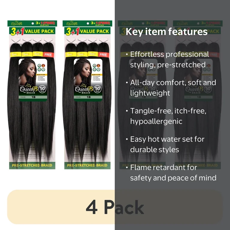 4 pack) QueenB 4X Value Pack Pre-Stretched Braiding Hair 50