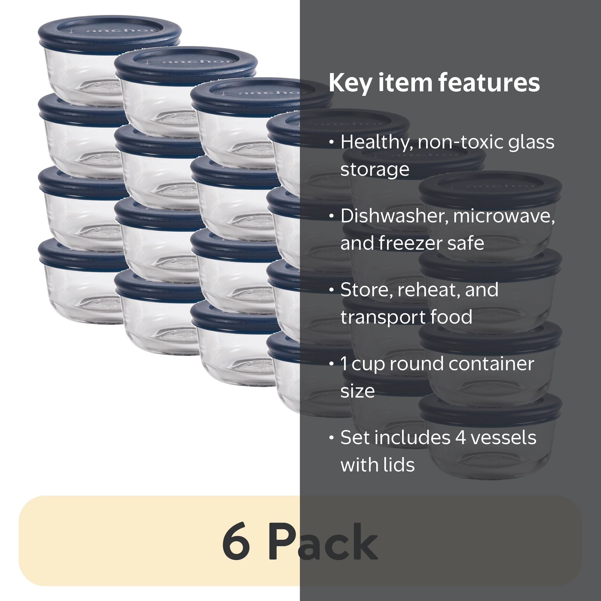 6 pack) Anchor Hocking Glass Food Storage Containers with Lids, 1