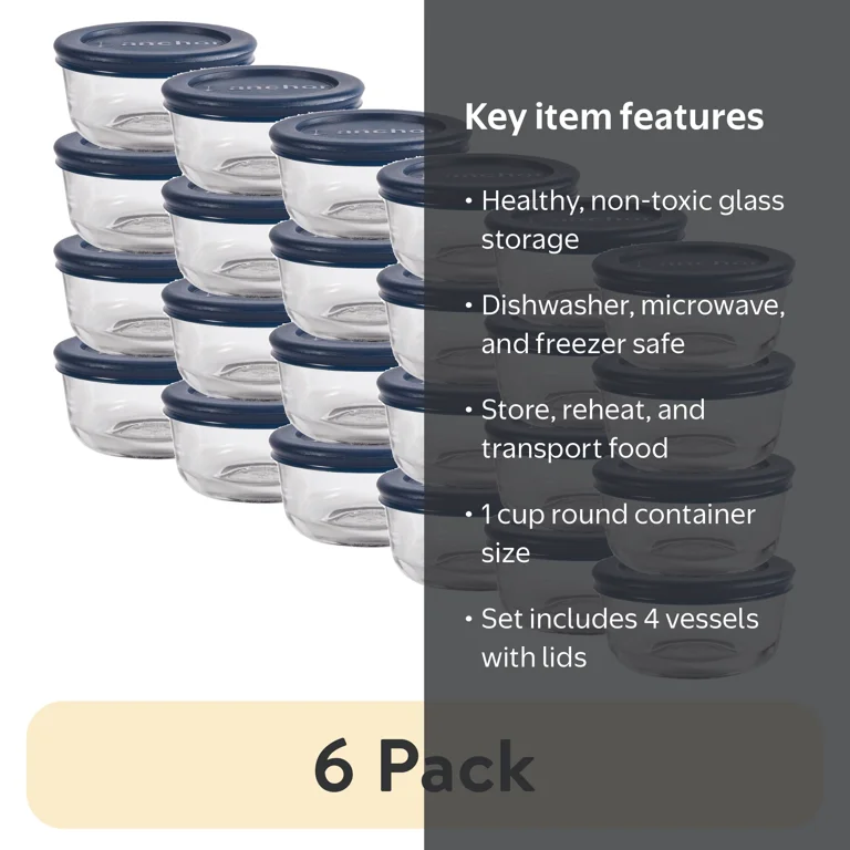 6 pack) Anchor Hocking Glass Food Storage Containers with Lids, 1