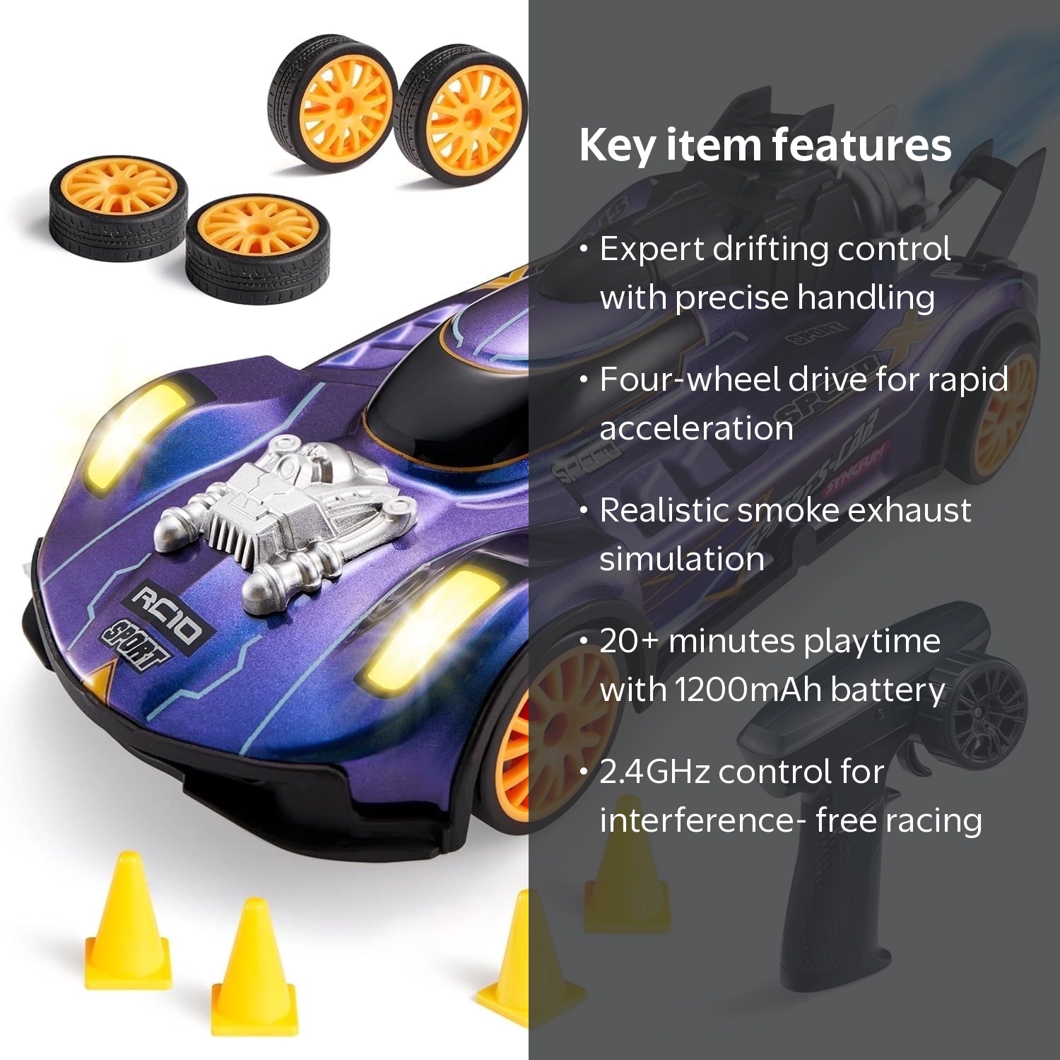 Joyfy, RC Drift Car, 1:20 Scale, Purple, with Cool Smoke Effect