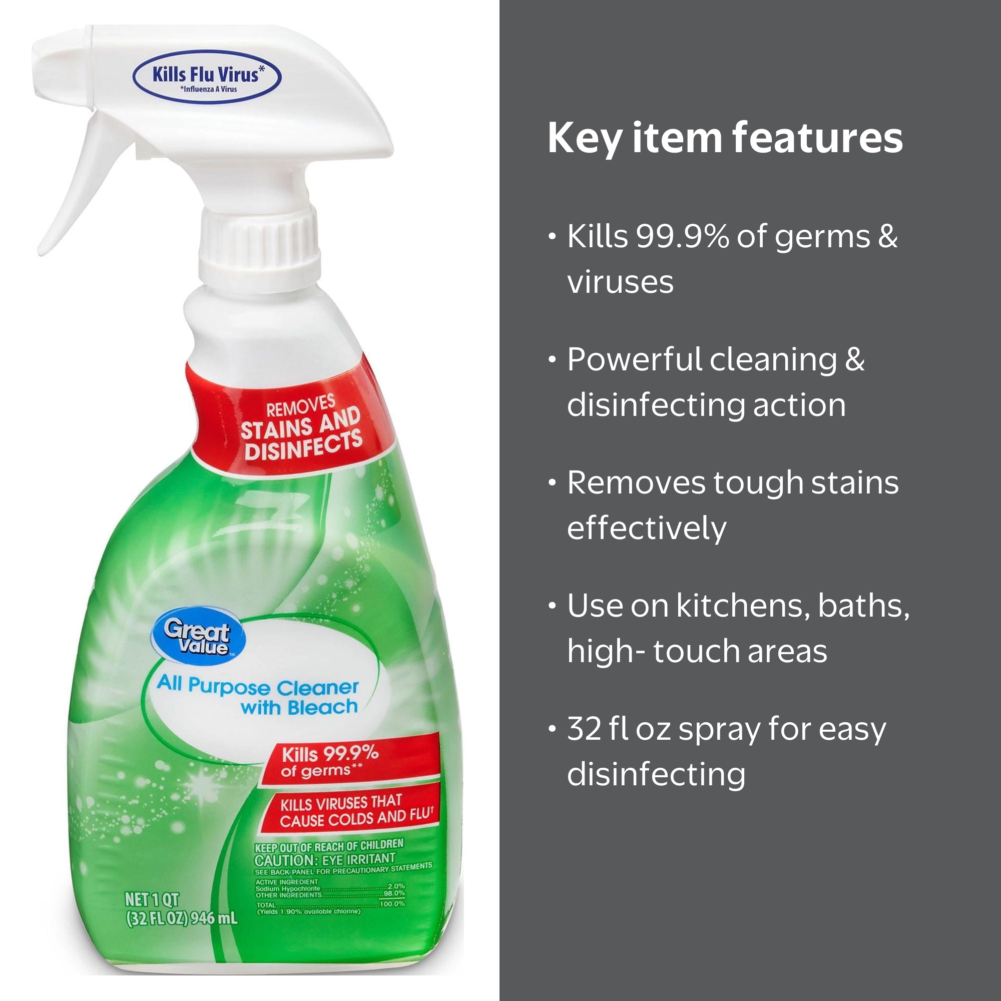 Great Value All Purpose Cleaner with Bleach, 32 fl oz disinfects