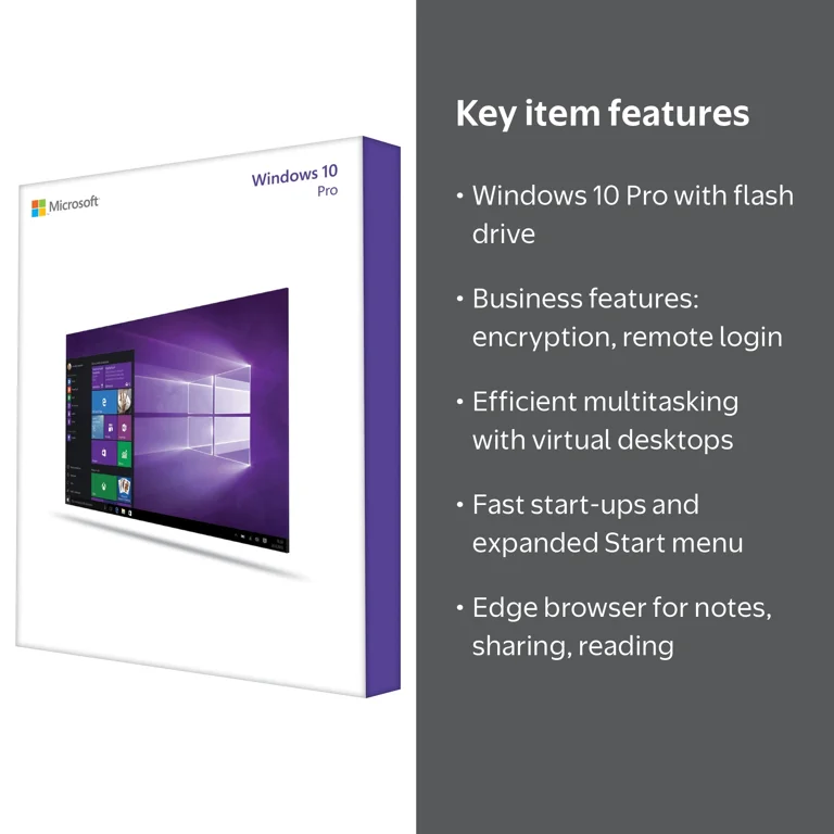 Microsoft Windows 10 Pro, Box Pack, 1 License, Flash Drive, 32/64
