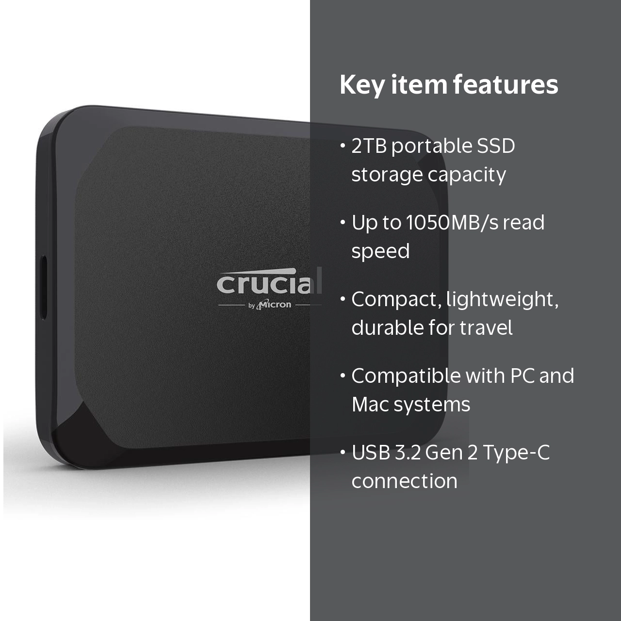 Crucial X9 2TB ポータブルSSD Crucial X9 2TB Portable SSD - Up to 1050MB/s Read - PC and Mac