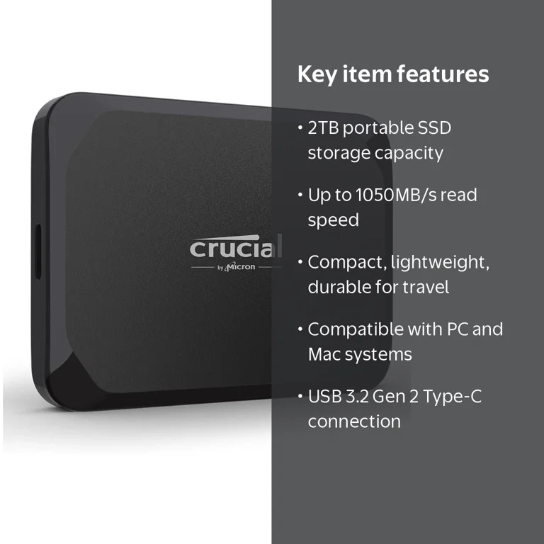 Crucial X9 2TB Portable SSD - Up to 1050MB/s Read - PC and Mac