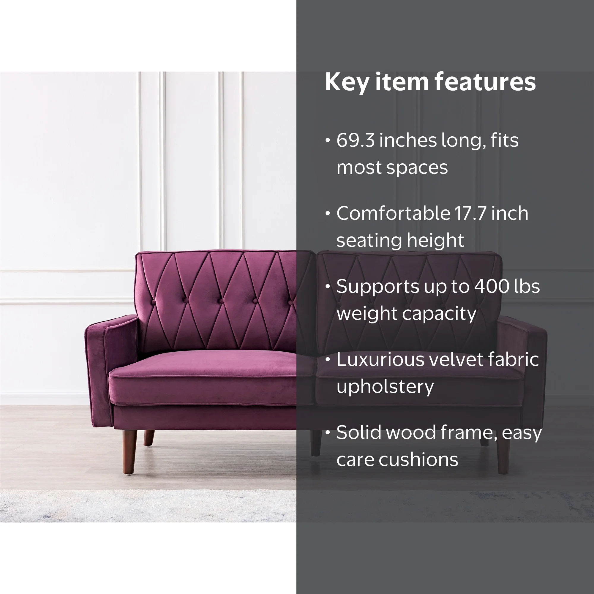 Uspridefurniture Feemster Velvet Square Arm Sofa - Purple