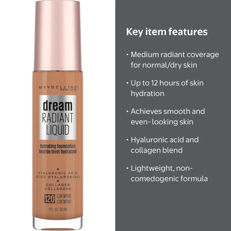 Maybelline Dream Radiant Liquid Foundation, Smooth Poreless, 120