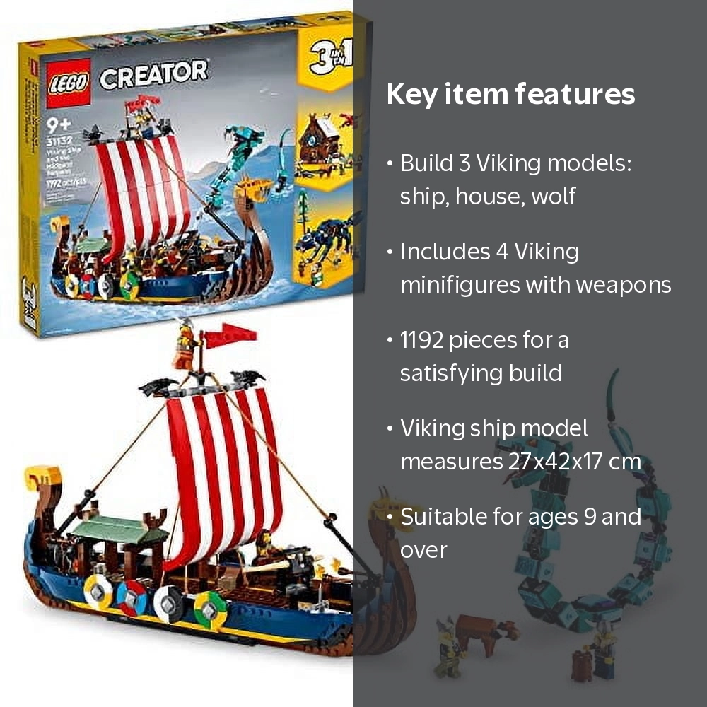 LEGO Creator 3-in-1 Viking Ship, Midgard Serpent & 1192 Bricks Set