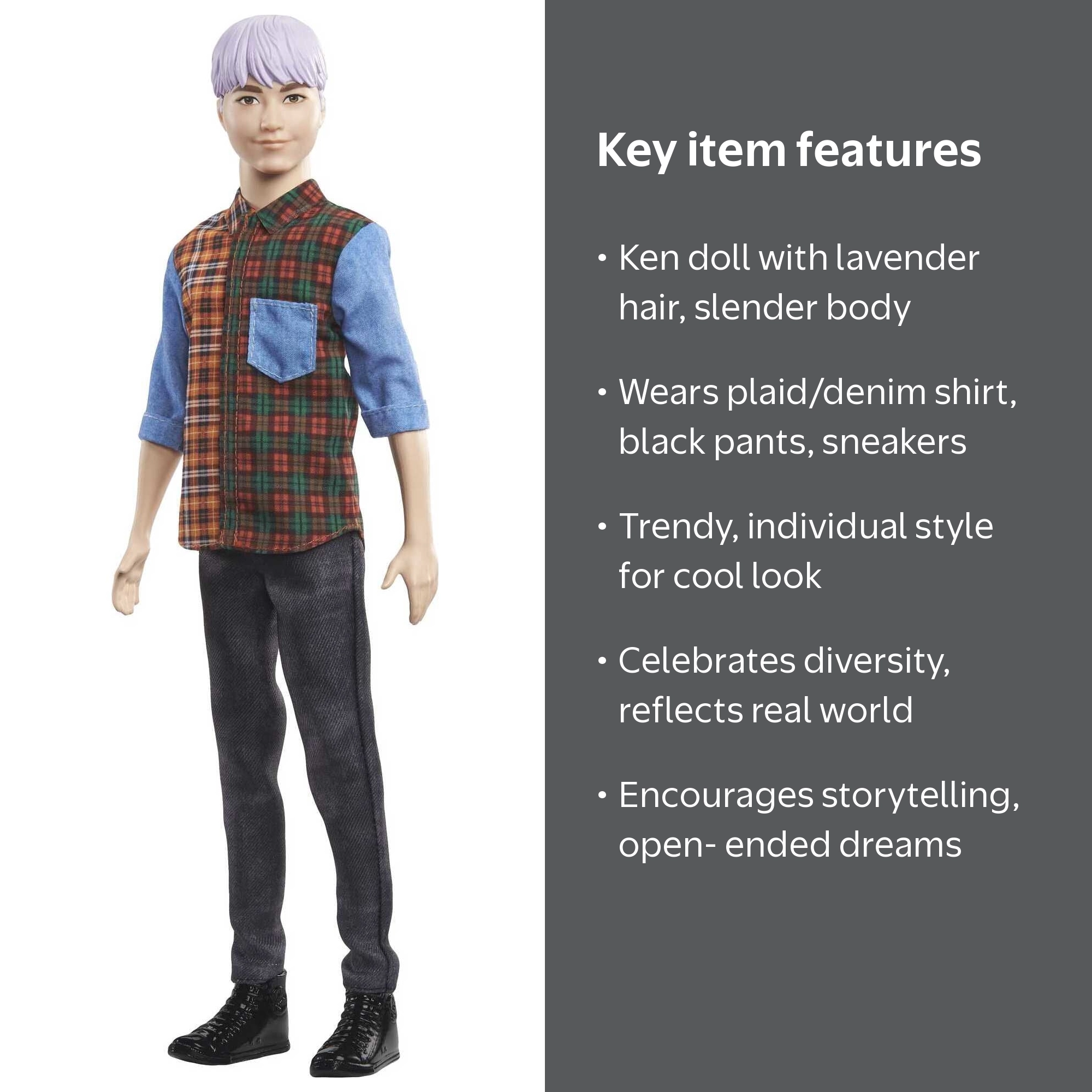 KEN  Barbie, Ken Fashionistas Doll, #154, Purple Hair & Plaid Shirt
