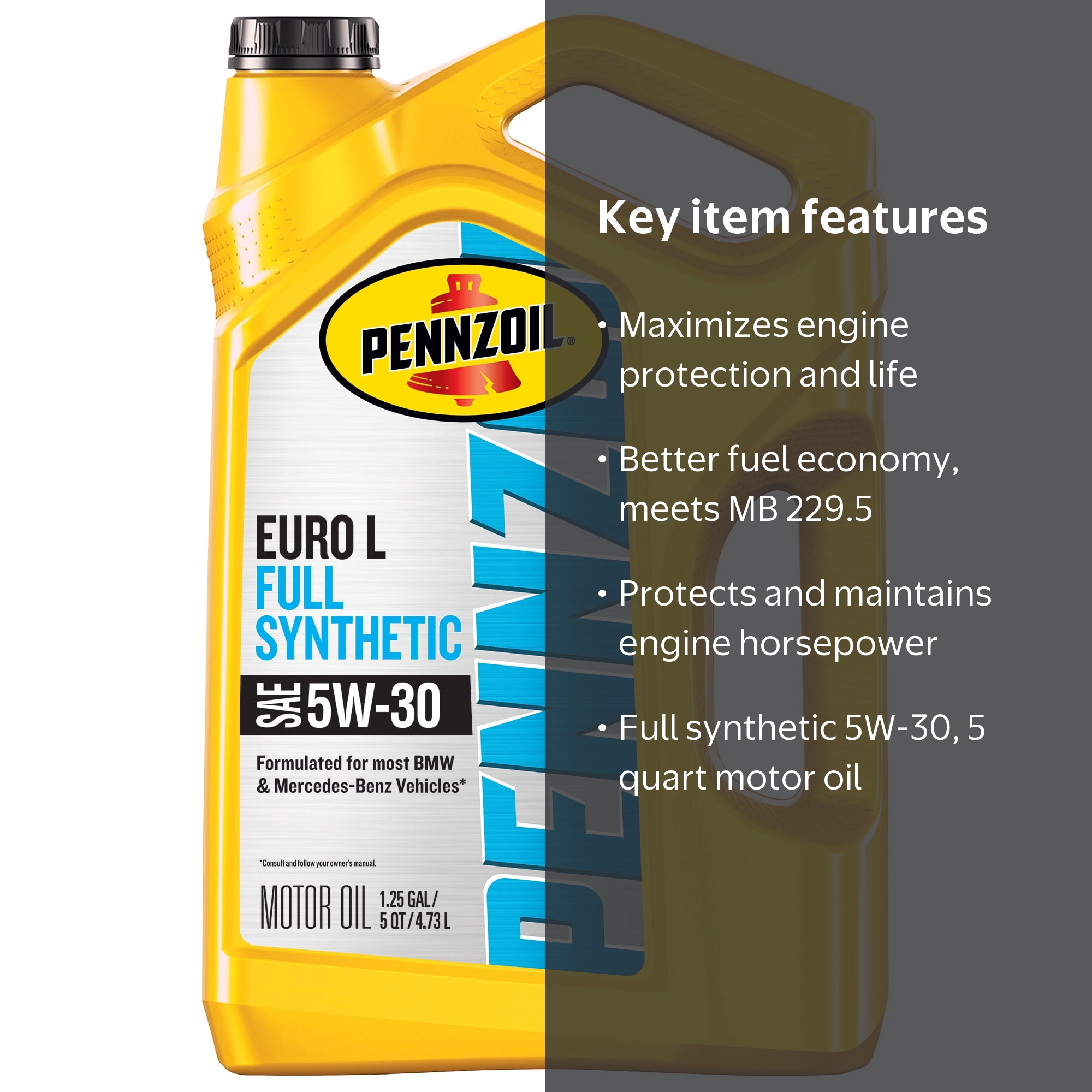 Pennzoil Platinum Euro L Full Synthetic 5W-30 Motor Oil, 5 Quart