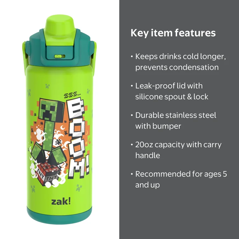 Zak Designs 20oz Minecraft Kids Reusable Stainless Steel Vacuum