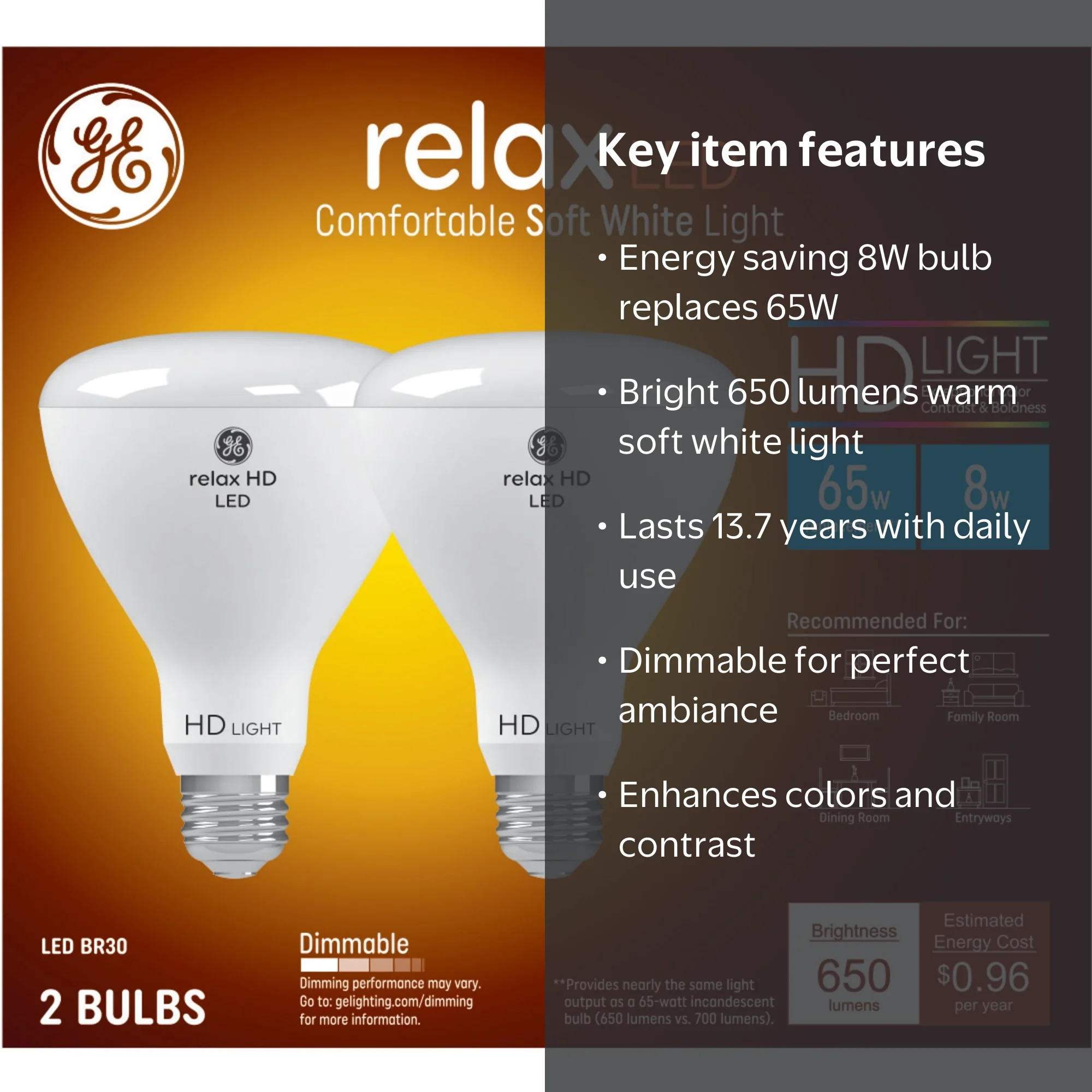 GE Lighting Relax HD LED Light Bulbs, 65W Soft White BR30