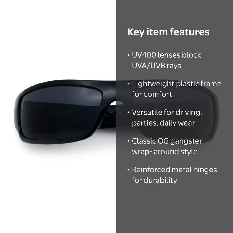 Locs Men's Narrow Rectangle Gangster Shades Sunglasses, Dark Black