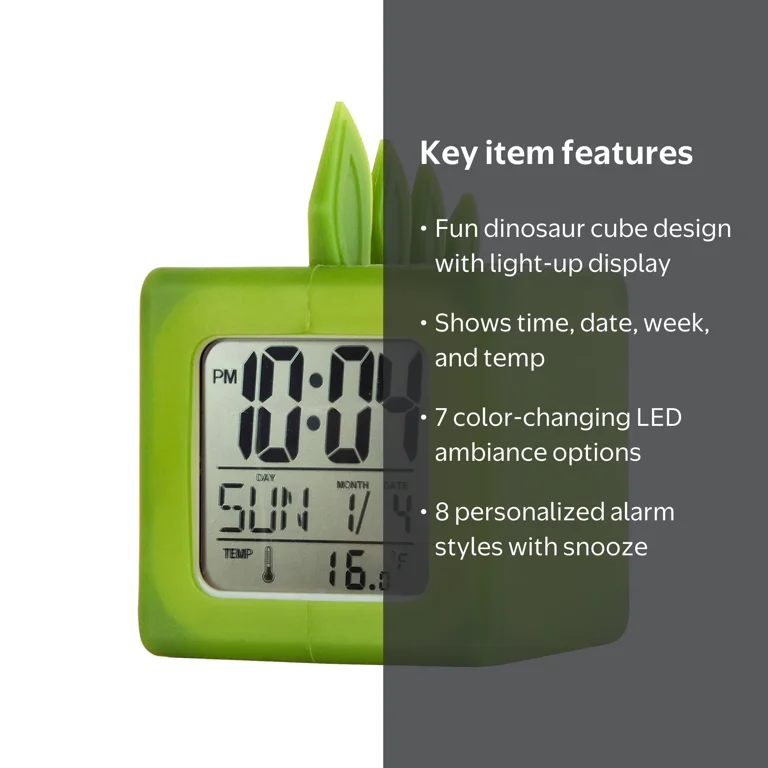 Your Zone LED Color Changing Green Dinosaur Alarm Clock Cube with
