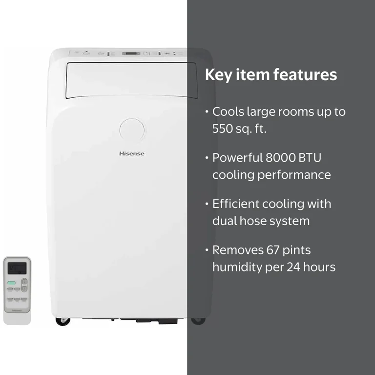 Hisense Portable AC, Dual Hose, 8,000 BTU, Heat Pump, WiFi, 550 Sq