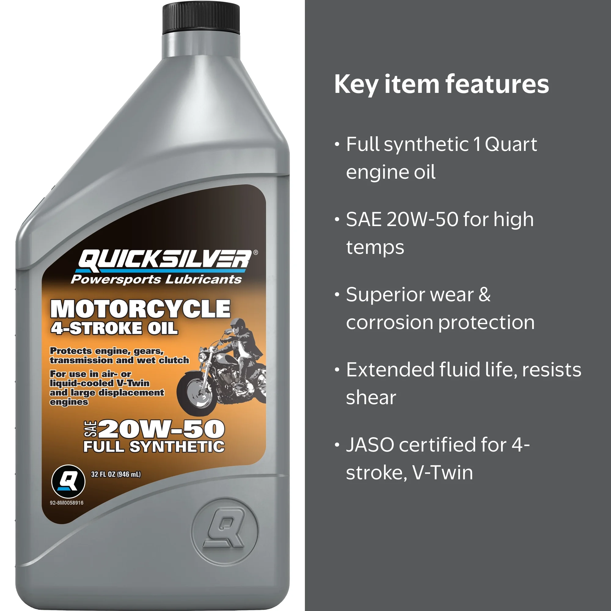 Quicksilver 20W-50 Full Synthetic Motorcycle Oil, 1 Quart