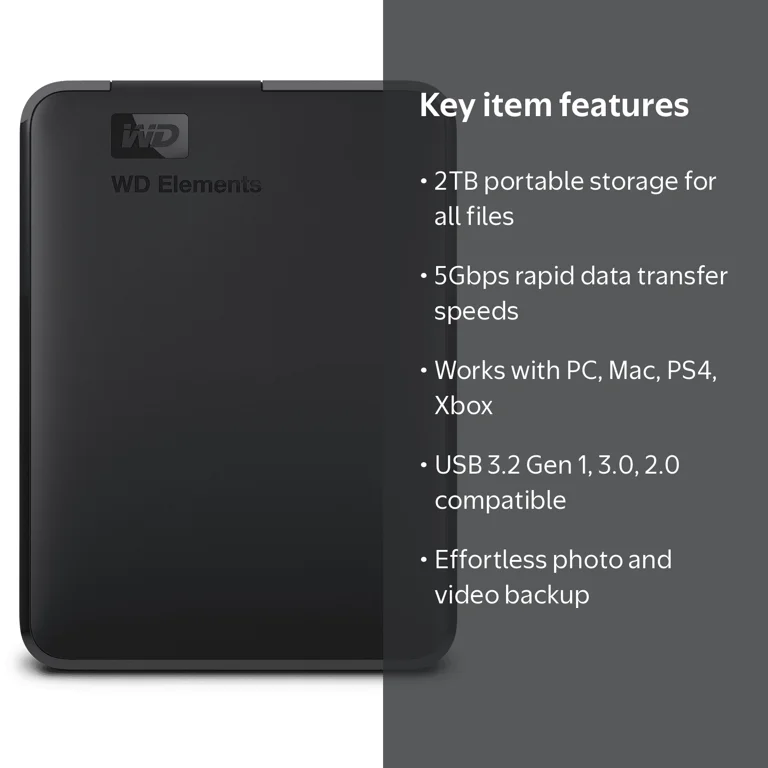 WD 2TB Elements Portable External Hard Drive - USB 3.0, High