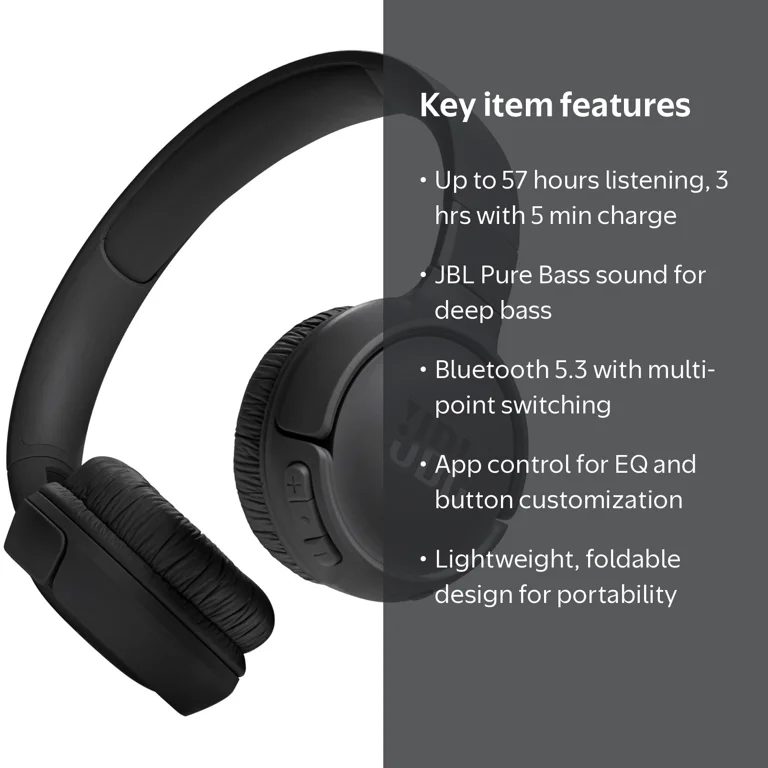 JBL, Wireless On-Ear Headphones, Black, Up to 57H Battery