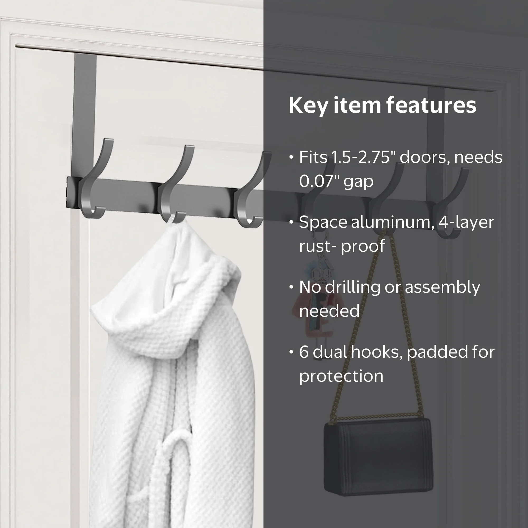 BUSATIA Over-the-Door Towel Rack with 6 Dual Hooks, Gray - Walmart.com