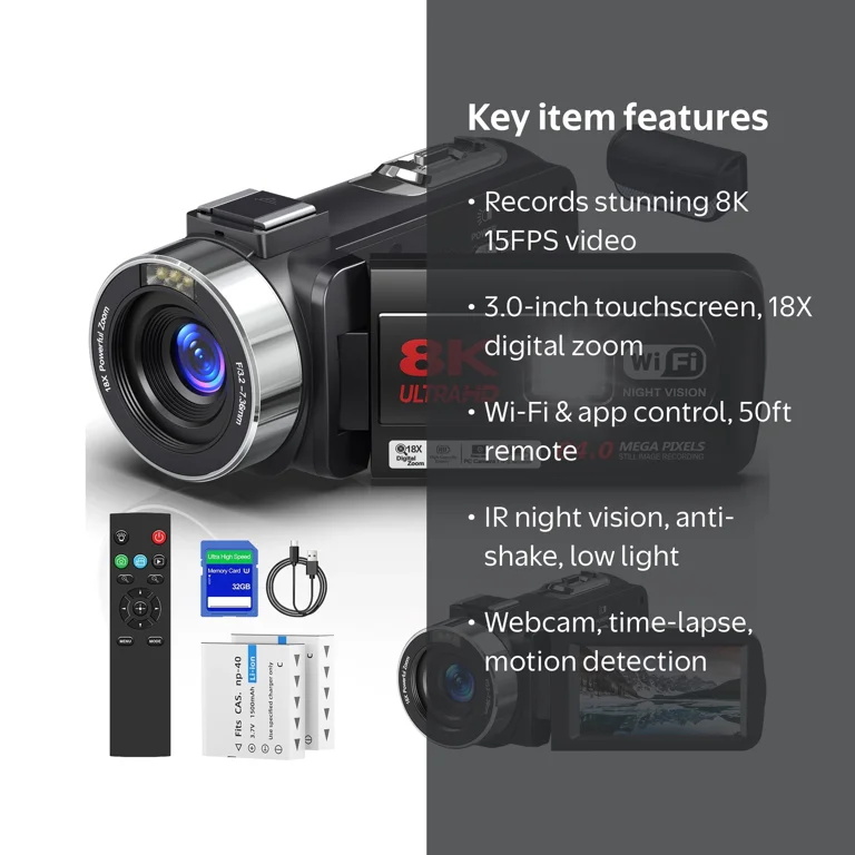 MARVUE 8K Video Camera for YouTube, 64MP, Flip Screen, 18X Digital