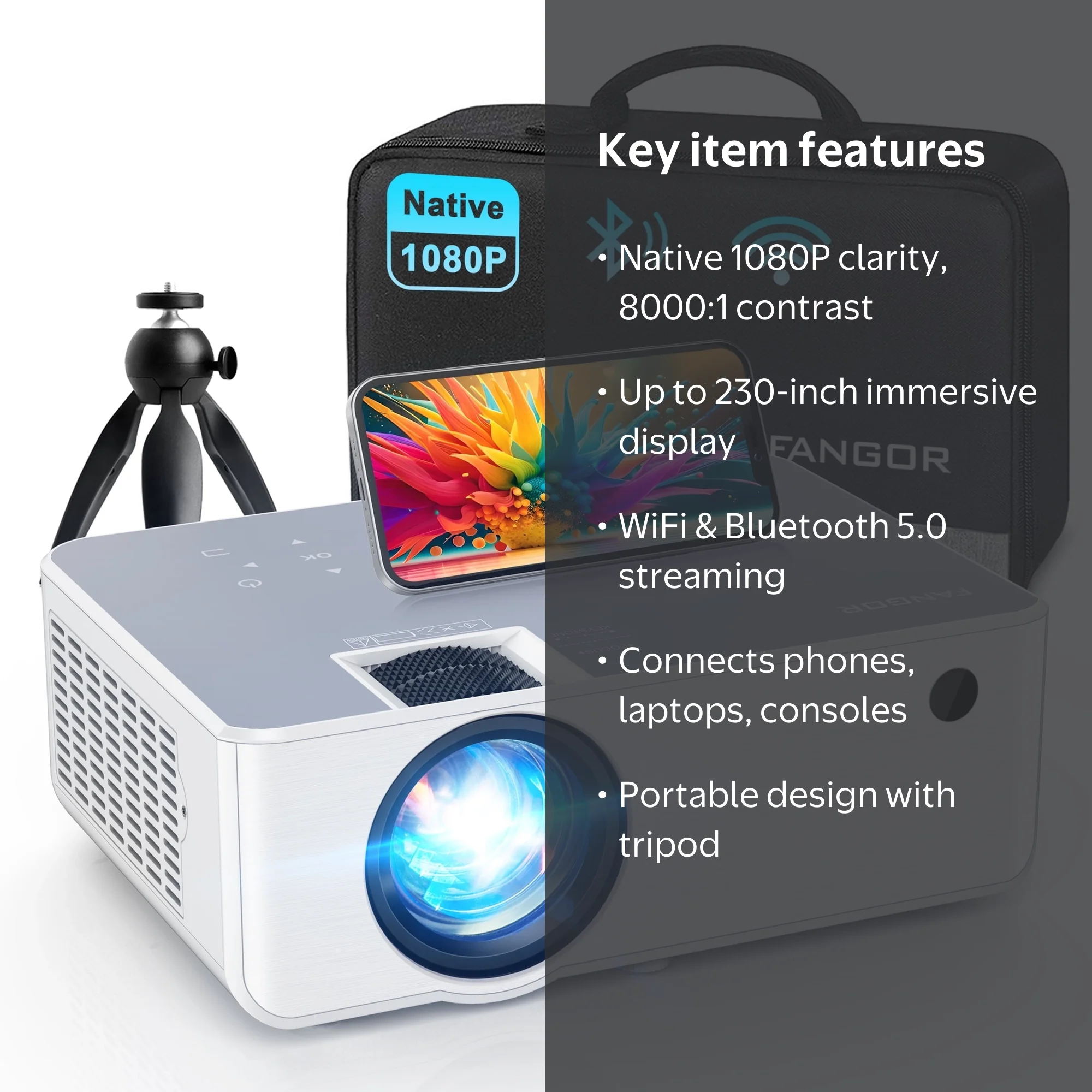 FANGOR WiFi Bluetooth Projector, Portable Movie projector Native